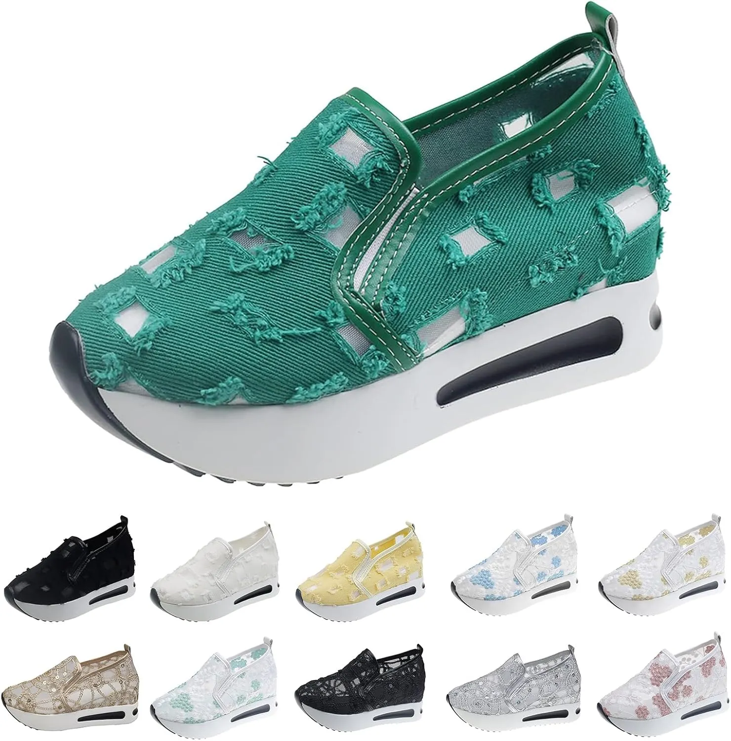 Platform Wedge Slip On for Women Fashion Bling Tennis Shoes Chunky Sole Hidden High Heels Sneakers Floral Breathable Embroidery Loafers Dressy Casual Shoes with Arch Support