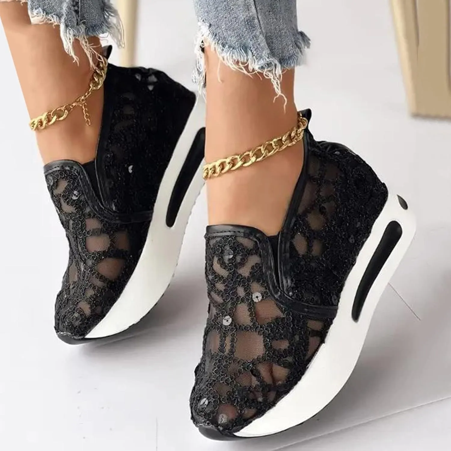 Platform Wedge Slip On for Women Fashion Bling Tennis Shoes Chunky Sole Hidden High Heels Sneakers Floral Breathable Embroidery Loafers Dressy Casual Shoes with Arch Support
