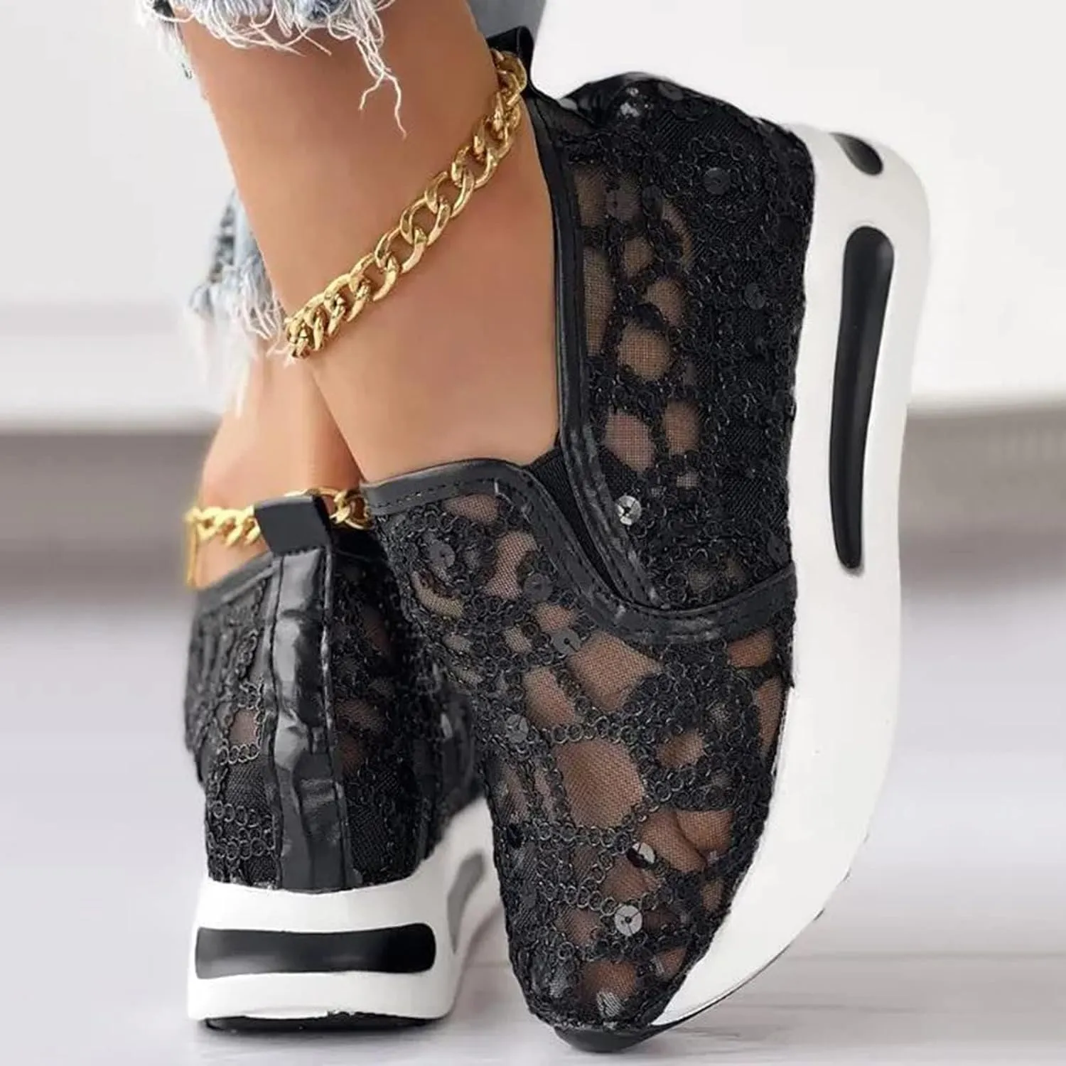 Platform Wedge Slip On for Women Fashion Bling Tennis Shoes Chunky Sole Hidden High Heels Sneakers Floral Breathable Embroidery Loafers Dressy Casual Shoes with Arch Support