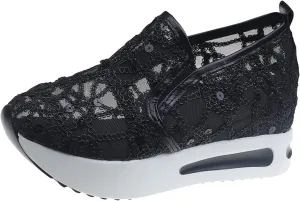 Platform Wedge Slip On for Women Fashion Bling Tennis Shoes Chunky Sole Hidden High Heels Sneakers Floral Breathable Embroidery Loafers Dressy Casual Shoes with Arch Support