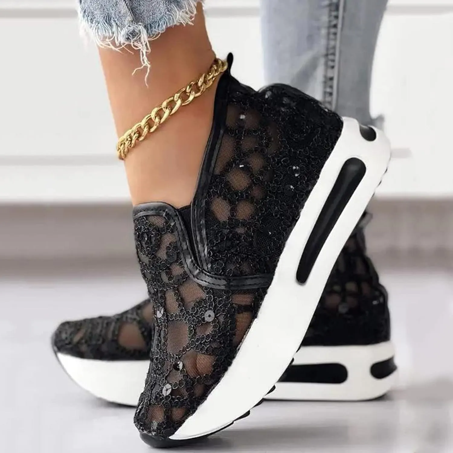 Platform Wedge Slip On for Women Fashion Bling Tennis Shoes Chunky Sole Hidden High Heels Sneakers Floral Breathable Embroidery Loafers Dressy Casual Shoes with Arch Support