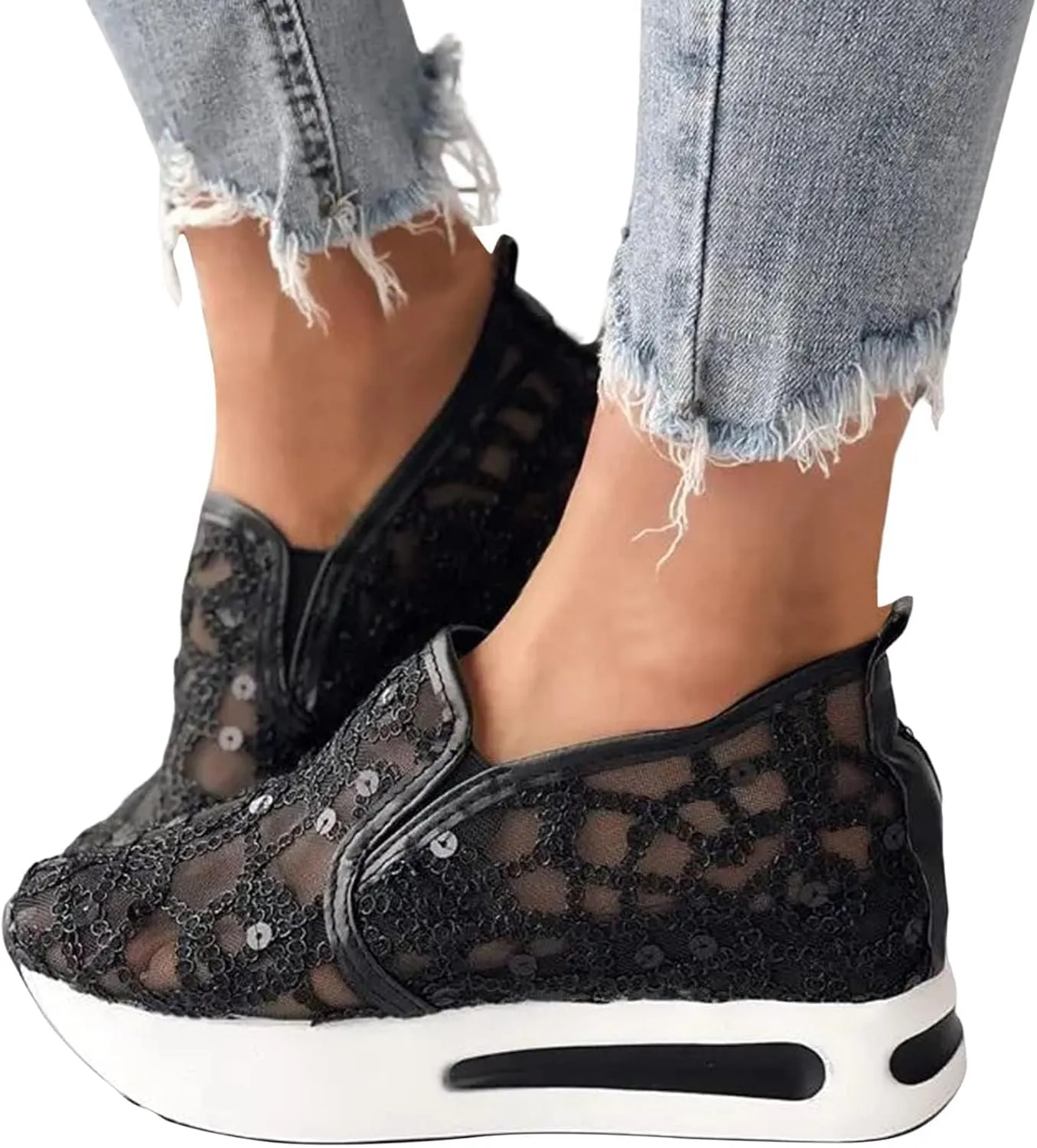 Platform Wedge Slip On for Women Fashion Bling Tennis Shoes Chunky Sole Hidden High Heels Sneakers Floral Breathable Embroidery Loafers Dressy Casual Shoes with Arch Support