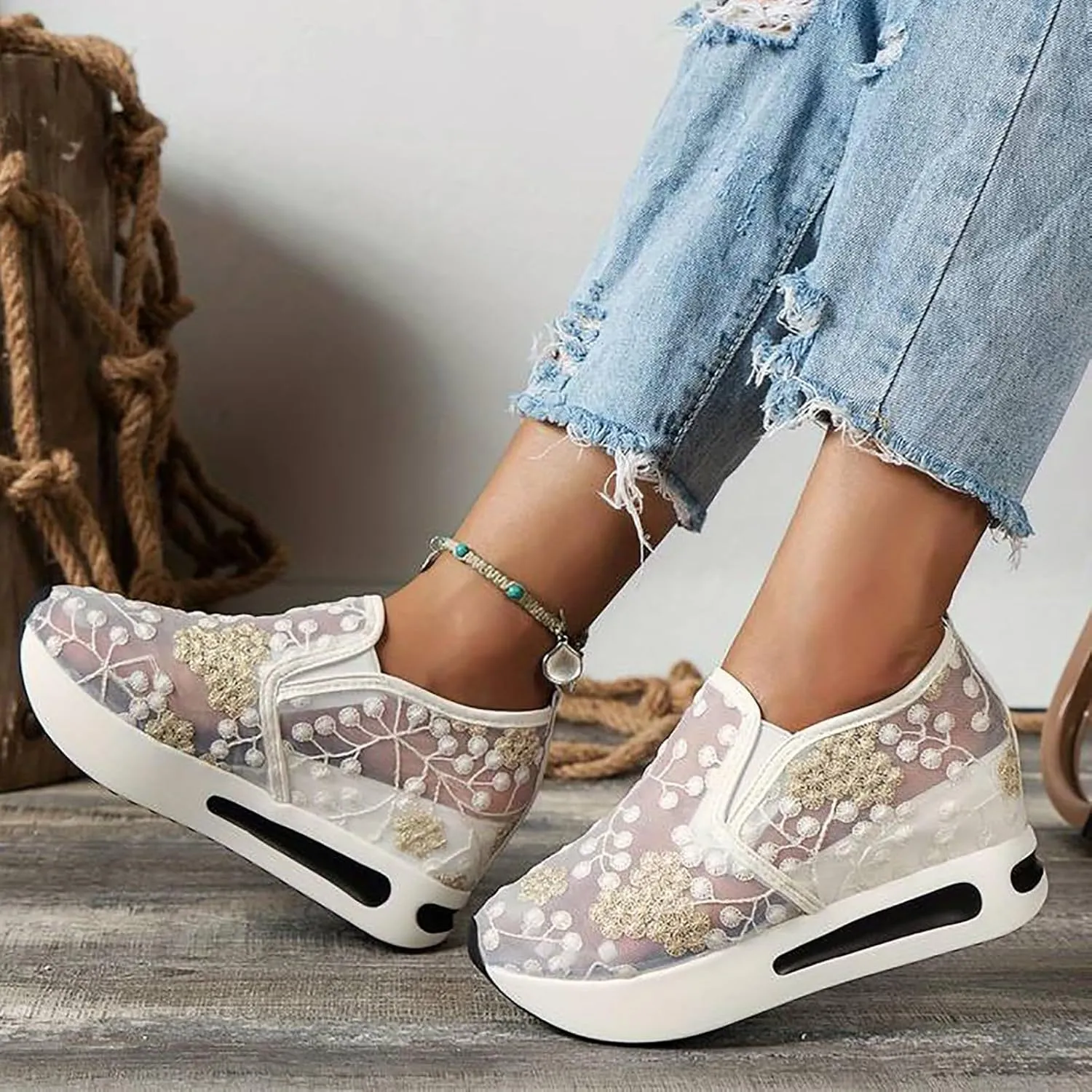 Platform Wedge Sneakers for Women Comfortable Orthopedic Shoes with Arch Support Breathable Mesh Floral Embroidery Sneakers Casual Slip On Shoes Fashion Walking Shoe
