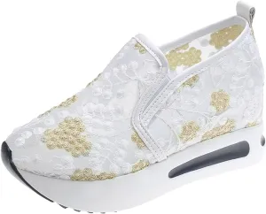 Platform Wedge Sneakers for Women Comfortable Orthopedic Shoes with Arch Support Breathable Mesh Floral Embroidery Sneakers Casual Slip On Shoes Fashion Walking Shoe