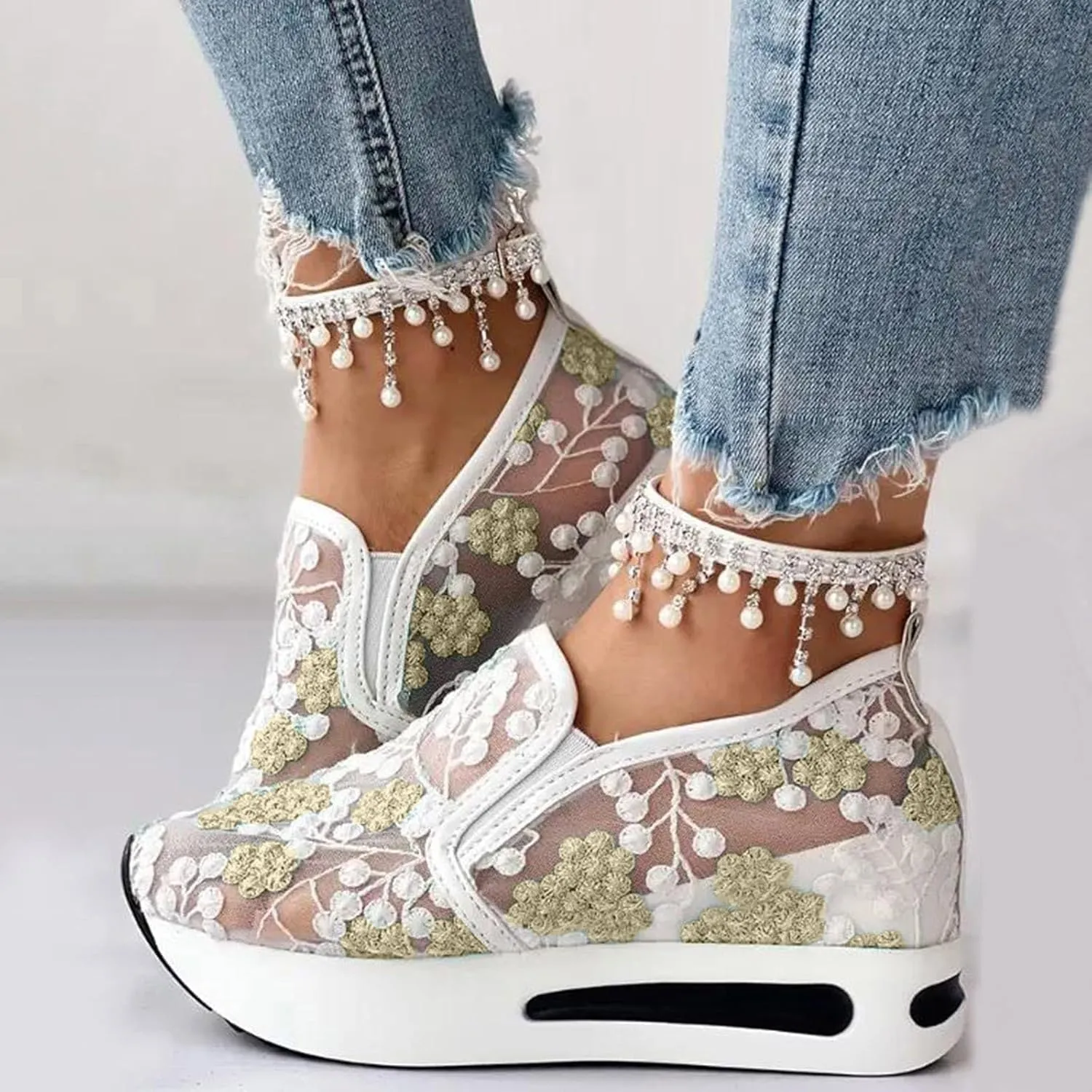 Platform Wedge Sneakers for Women Comfortable Orthopedic Shoes with Arch Support Breathable Mesh Floral Embroidery Sneakers Casual Slip On Shoes Fashion Walking Shoe