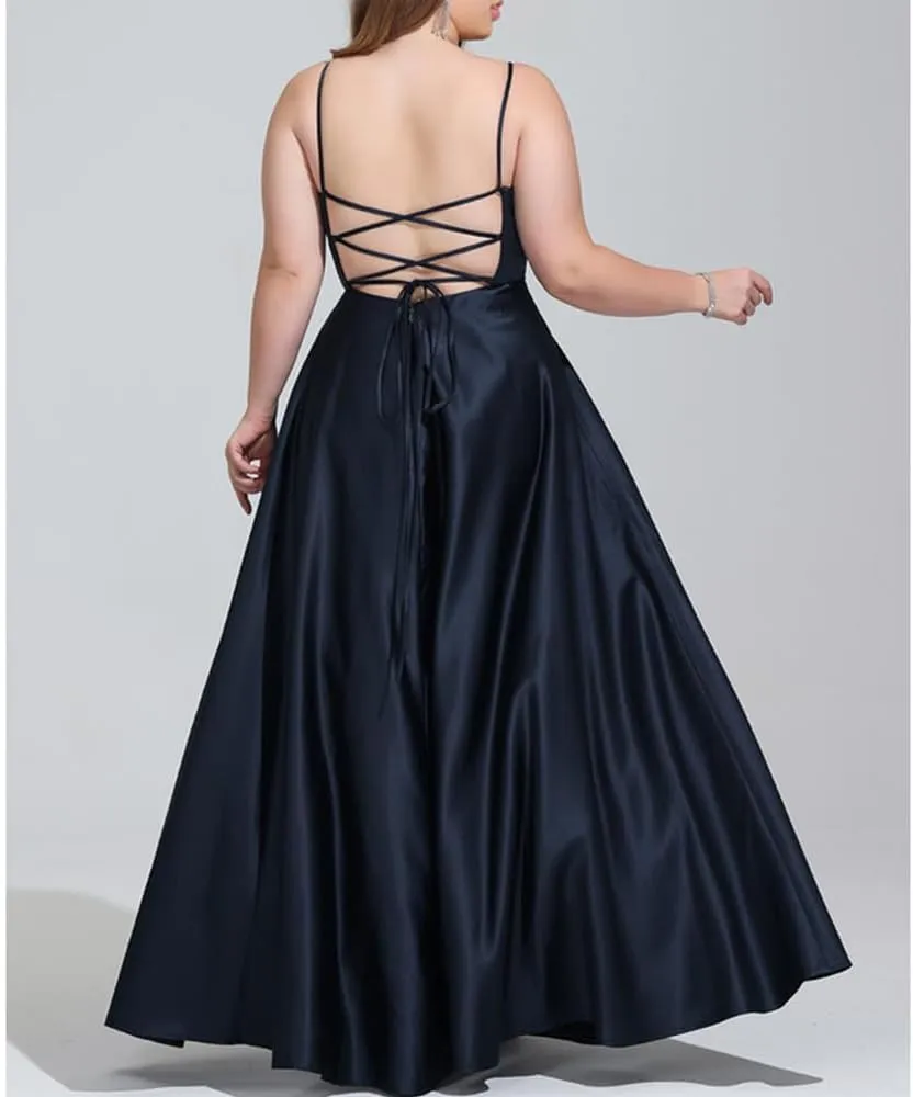Plus Size Prom Dress Floor Length a-line v-Neck Satin Womens Formal Dresses with Slit