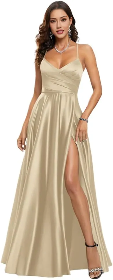 Plus Size Prom Dress Floor Length a-line v-Neck Satin Womens Formal Dresses with Slit