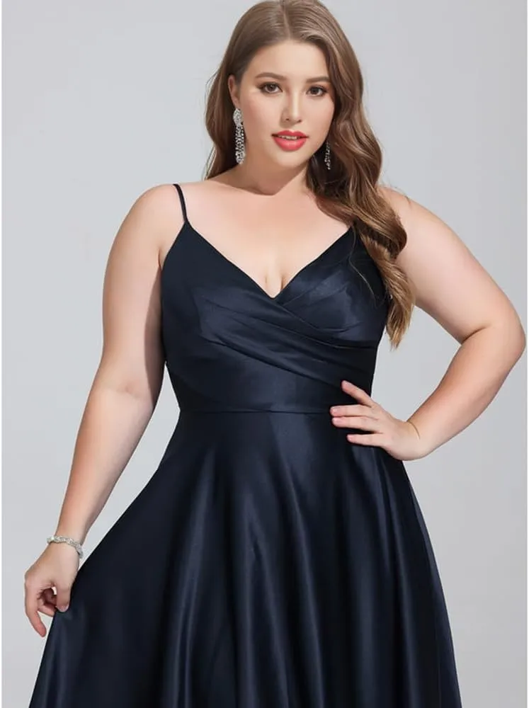 Plus Size Prom Dress Floor Length a-line v-Neck Satin Womens Formal Dresses with Slit
