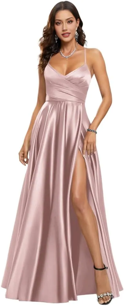 Plus Size Prom Dress Floor Length a-line v-Neck Satin Womens Formal Dresses with Slit