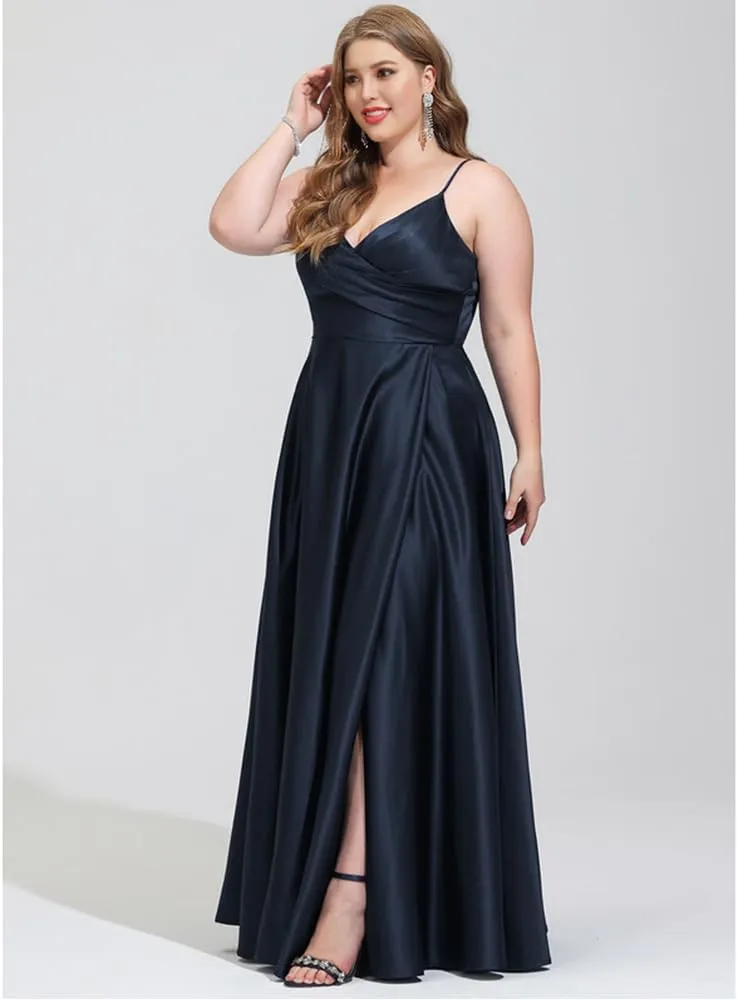 Plus Size Prom Dress Floor Length a-line v-Neck Satin Womens Formal Dresses with Slit