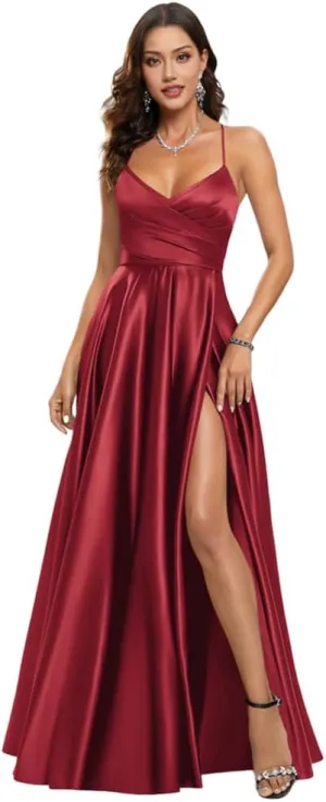 Plus Size Prom Dress Floor Length a-line v-Neck Satin Womens Formal Dresses with Slit