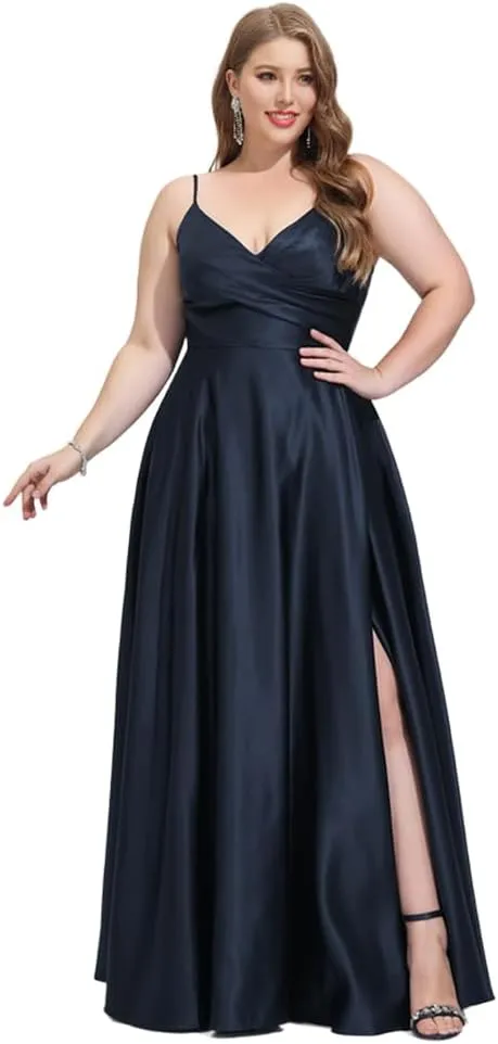Plus Size Prom Dress Floor Length a-line v-Neck Satin Womens Formal Dresses with Slit