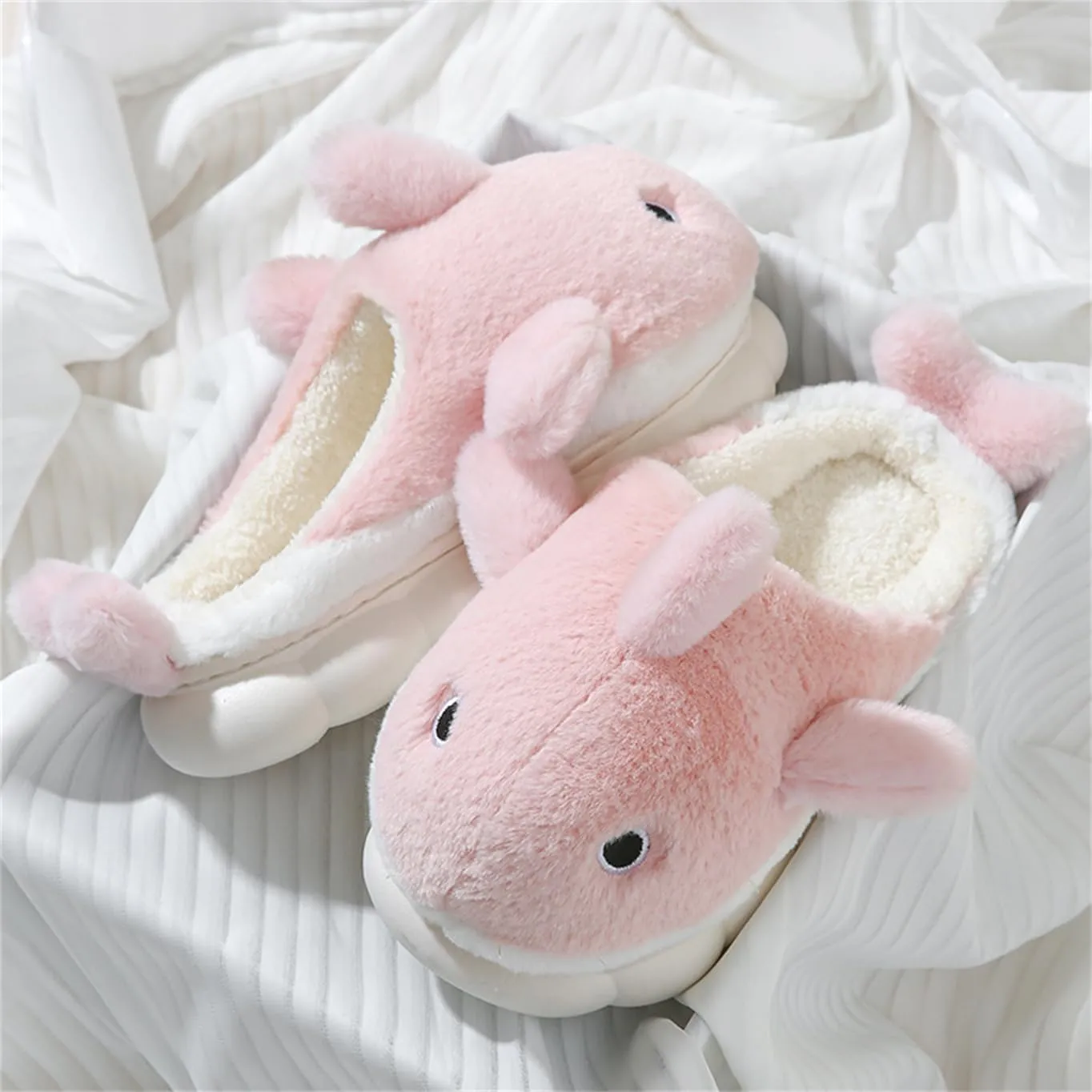 Plush Home Slippers for Men and Women, Cartoon Shark Animal Cotton Slippers, Winter Indoor Warm Soft and Comfortable Thick-soled Shoes