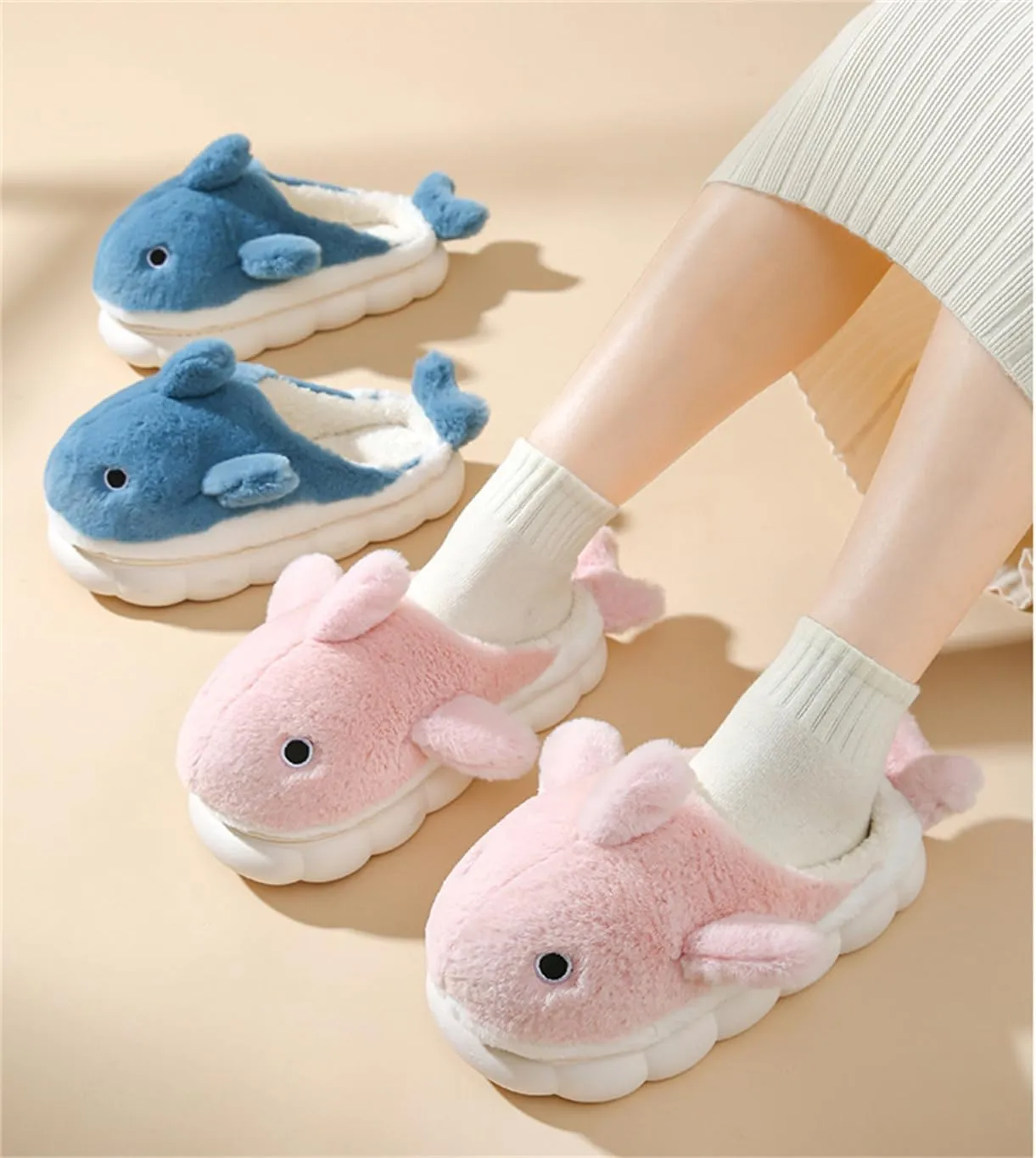Plush Home Slippers for Men and Women, Cartoon Shark Animal Cotton Slippers, Winter Indoor Warm Soft and Comfortable Thick-soled Shoes
