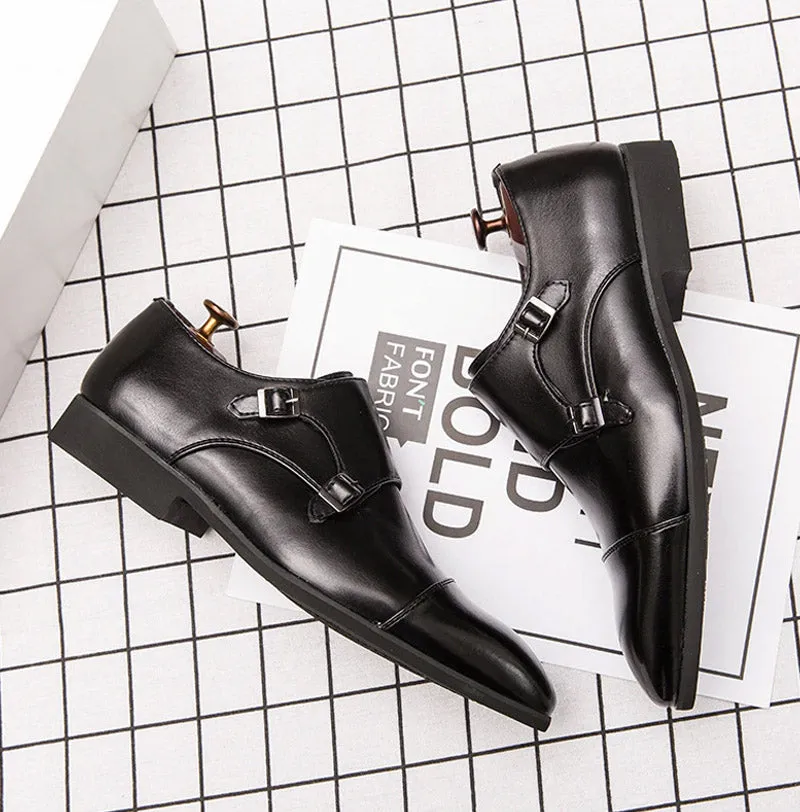 Pointed Toe Patchwork Buckle Leather Dress Shoes