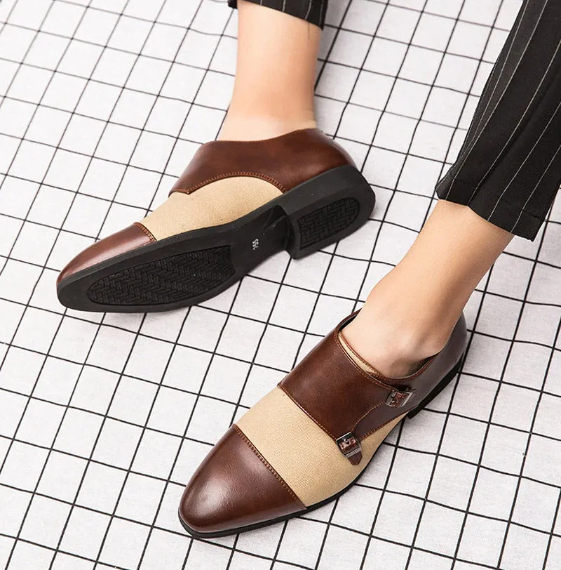 Pointed Toe Patchwork Buckle Leather Dress Shoes
