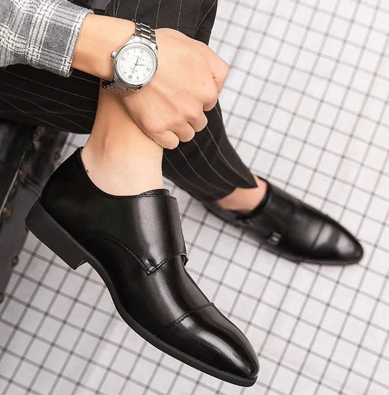 Pointed Toe Patchwork Buckle Leather Dress Shoes