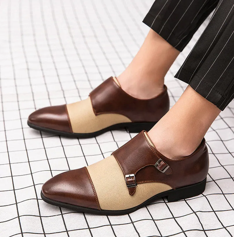 Pointed Toe Patchwork Buckle Leather Dress Shoes