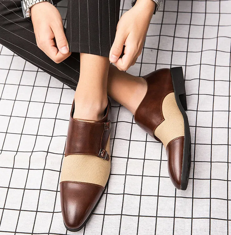 Pointed Toe Patchwork Buckle Leather Dress Shoes