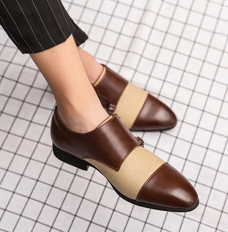 Pointed Toe Patchwork Buckle Leather Dress Shoes