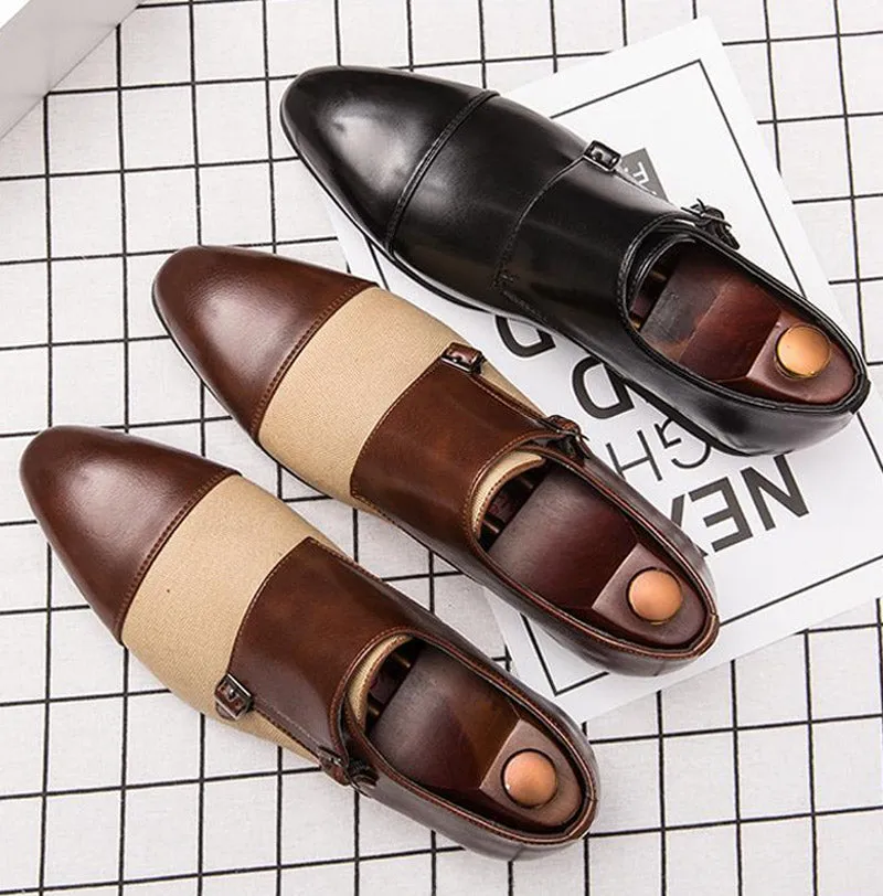 Pointed Toe Patchwork Buckle Leather Dress Shoes