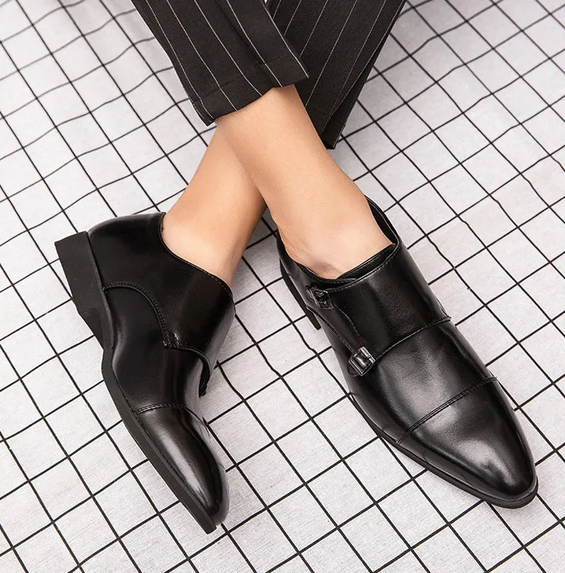 Pointed Toe Patchwork Buckle Leather Dress Shoes