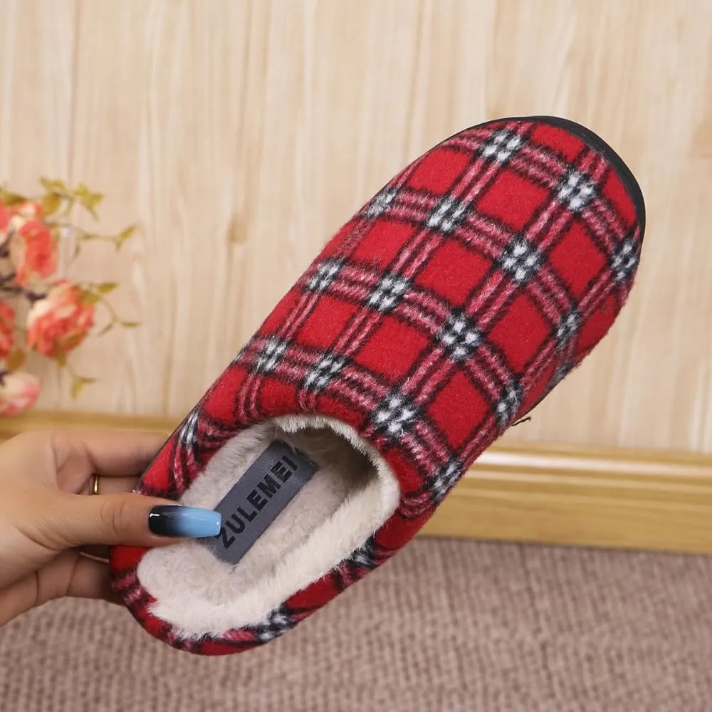 Premium Comfort Checker Plaid Grid Thermal Non Slip Men's Fuzzy House Slippers Inddor Soft Warm Shoes Cushion Sole