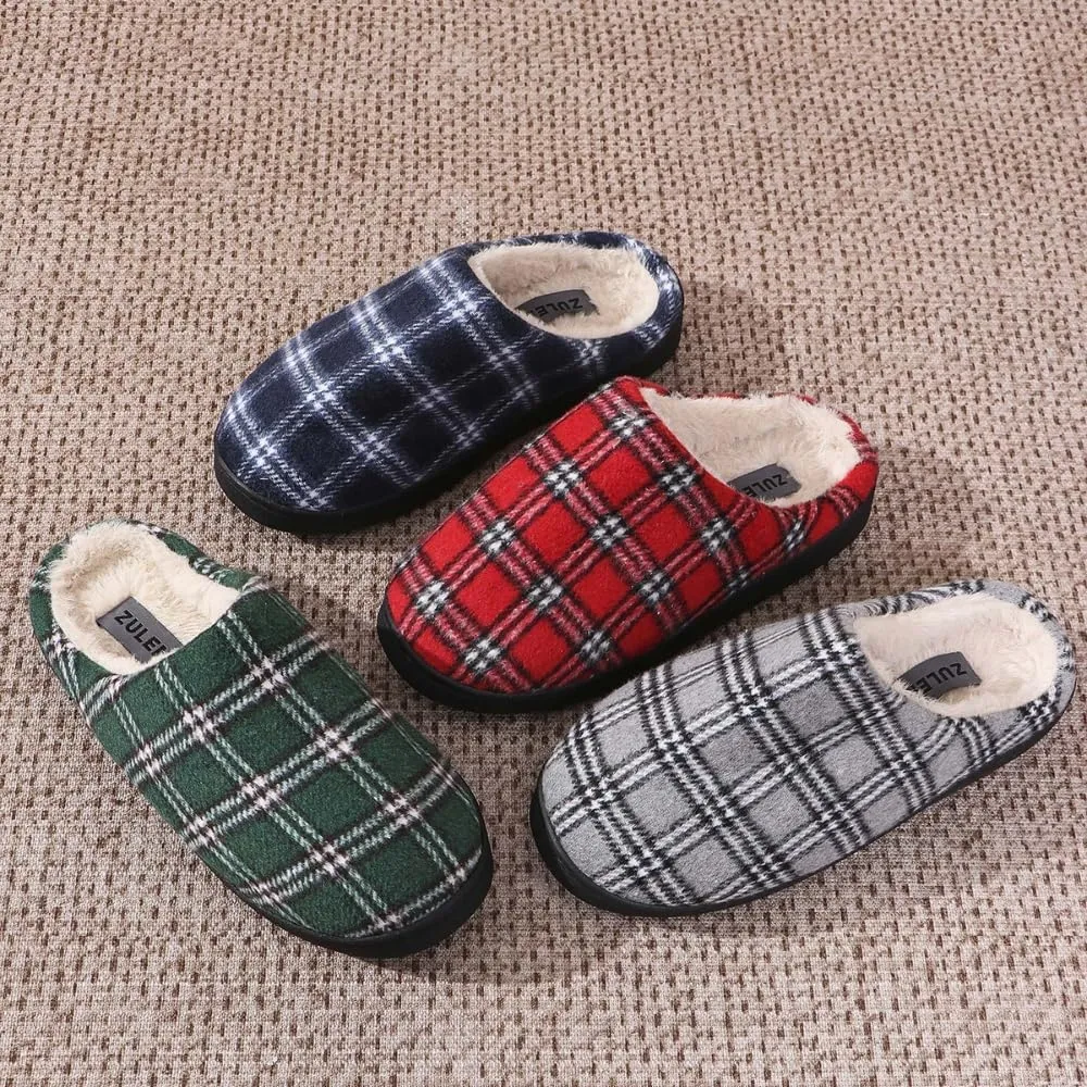 Premium Comfort Checker Plaid Grid Thermal Non Slip Men's Fuzzy House Slippers Inddor Soft Warm Shoes Cushion Sole