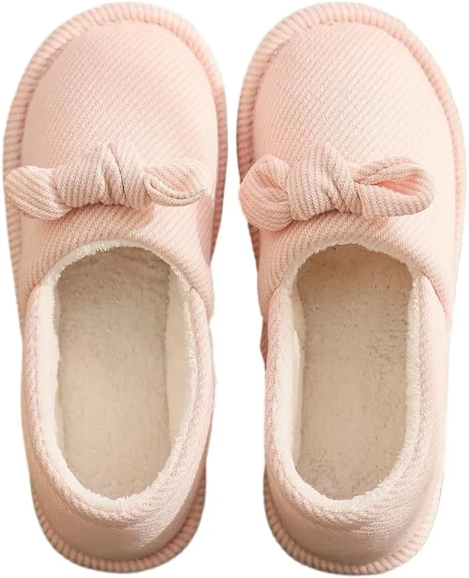 Premium Comfort Closed Back Cute Bow Women's Fuzzy House Slippers Indoor Soft Warm Kawaii Shoes Memory Foam Sole
