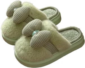 Premium Comfort Cute Linen Bow Women's Fuzzy House Slippers Indoor Soft Warm Kawaii Shoes Memory Foam Sole