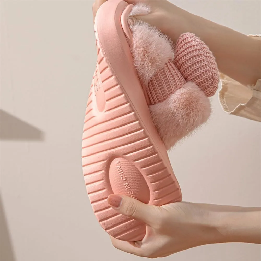 Premium Comfort Cute Linen Bow Women's Fuzzy House Slippers Indoor Soft Warm Kawaii Shoes Memory Foam Sole
