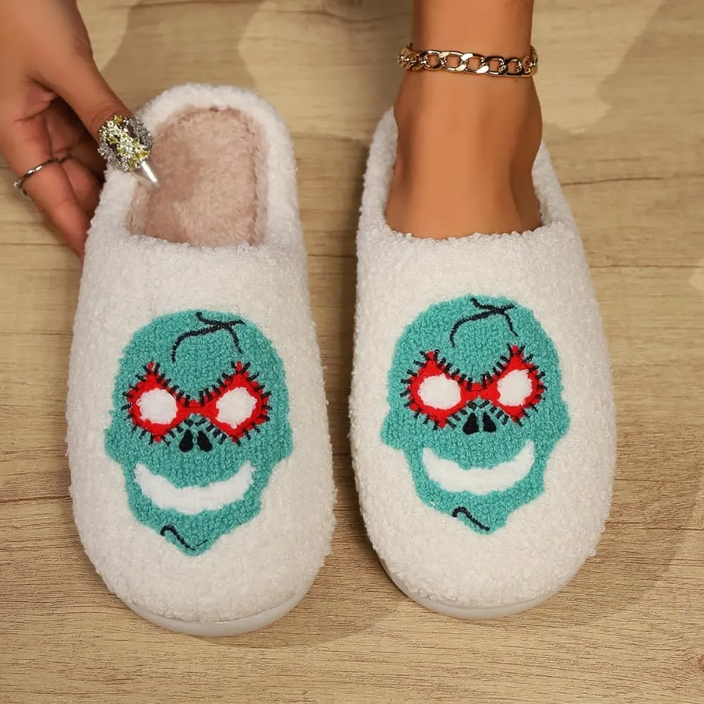 Premium Comfort Gothic Skulls Design Thermal Non Slip Women's Fuzzy House Slippers Indoor Soft Warm Shoes Cushion Sole