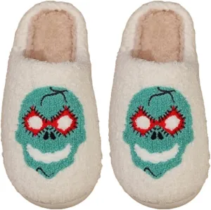 Premium Comfort Gothic Skulls Design Thermal Non Slip Women's Fuzzy House Slippers Indoor Soft Warm Shoes Cushion Sole