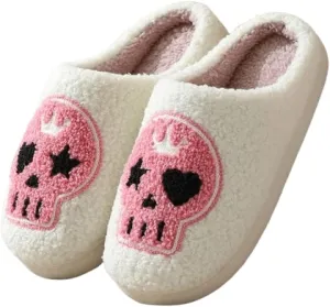 Premium Comfort Gothic Skulls Design Thermal Non Slip Women's Fuzzy House Slippers Indoor Soft Warm Shoes Cushion Sole