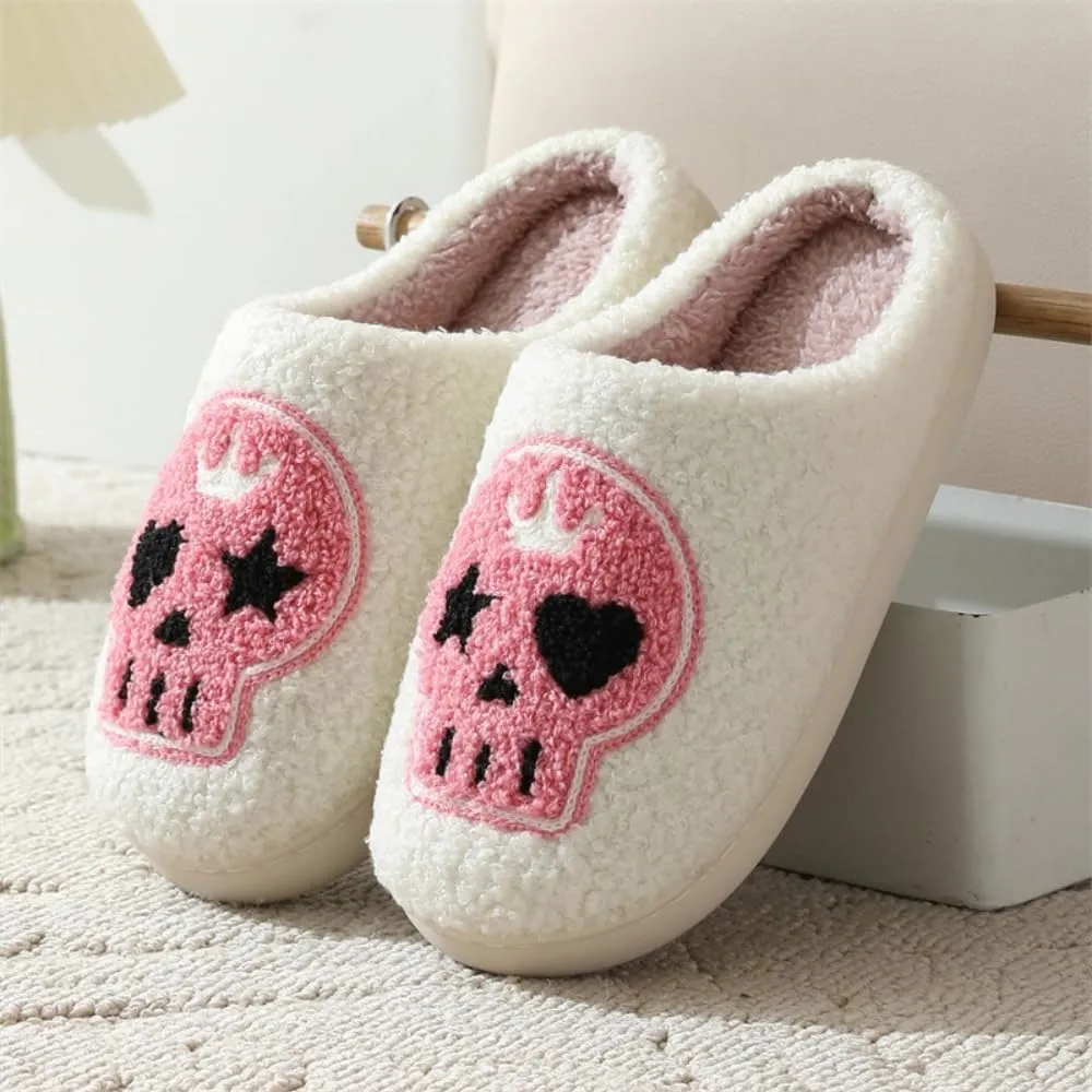 Premium Comfort Gothic Skulls Design Thermal Non Slip Women's Fuzzy House Slippers Indoor Soft Warm Shoes Cushion Sole