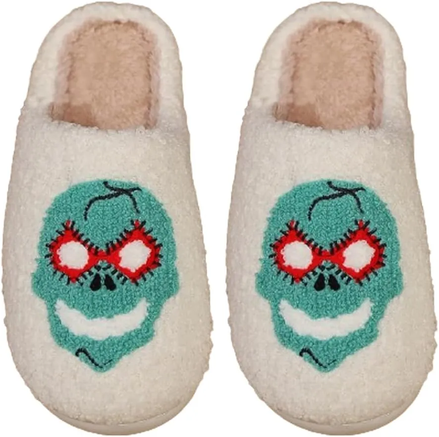 Premium Comfort Gothic Skulls Design Thermal Non Slip Women's Fuzzy House Slippers Indoor Soft Warm Shoes Cushion Sole