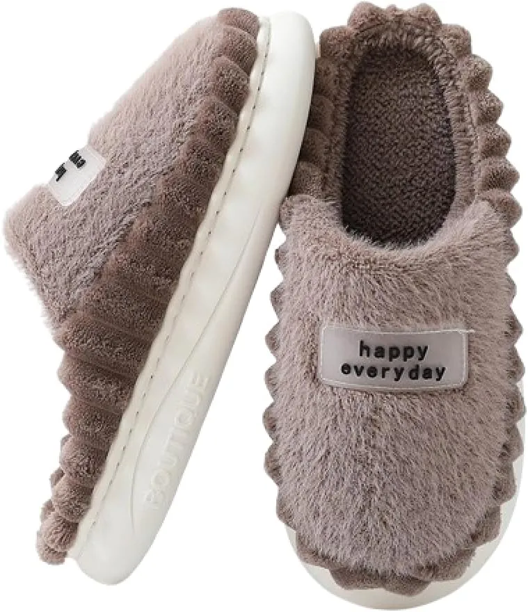 Premium Comfort Happy Everyday Letter Men's Fuzzy House Slippers Inddor Soft Warm Furry Shoes Memory Foam Sole
