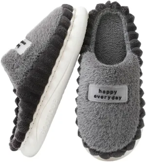 Premium Comfort Happy Everyday Letter Men's Fuzzy House Slippers Inddor Soft Warm Furry Shoes Memory Foam Sole