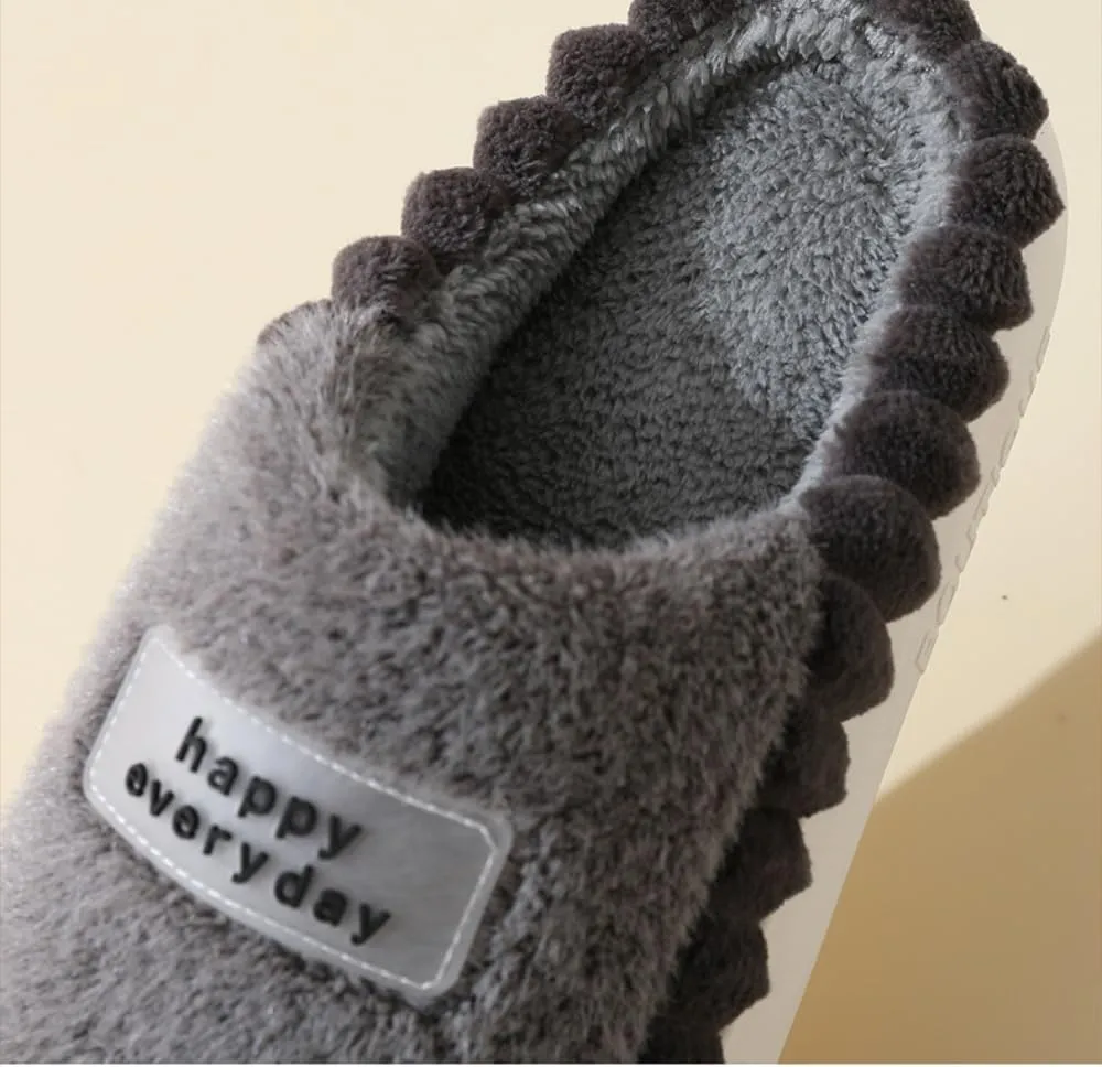 Premium Comfort Happy Everyday Letter Men's Fuzzy House Slippers Inddor Soft Warm Furry Shoes Memory Foam Sole