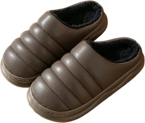 Premium Comfort Leather Mature Men's Fuzzy House Slippers Inddor Soft Warm Furry Shoes Memory Foam Sole