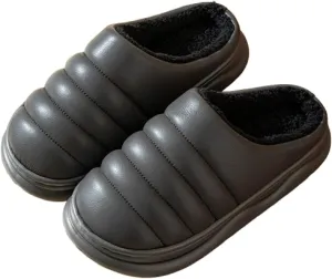 Premium Comfort Leather Mature Men's Fuzzy House Slippers Inddor Soft Warm Furry Shoes Memory Foam Sole
