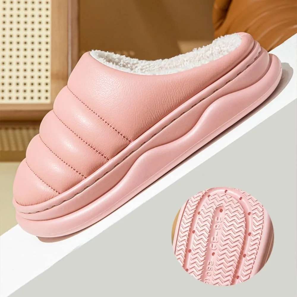 Premium Comfort Leather Mature Men's Fuzzy House Slippers Inddor Soft Warm Furry Shoes Memory Foam Sole
