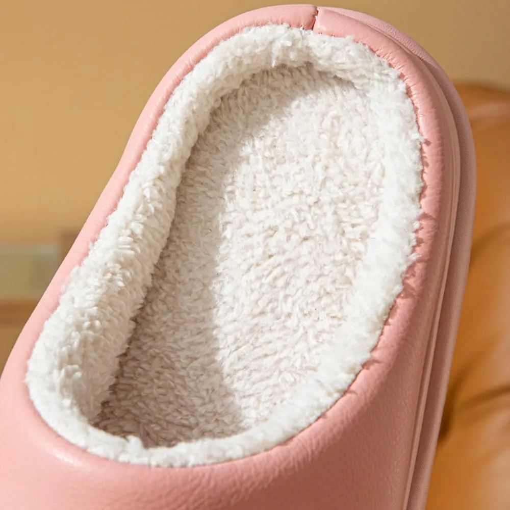 Premium Comfort Leather Mature Men's Fuzzy House Slippers Inddor Soft Warm Furry Shoes Memory Foam Sole