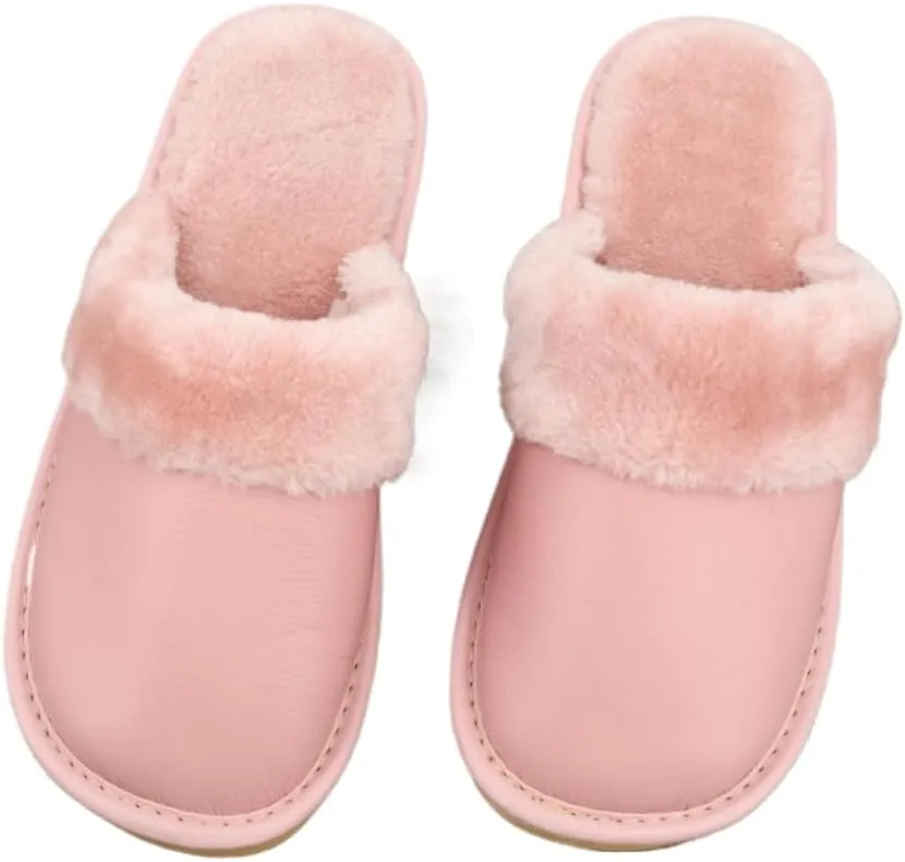 Premium Comfort Thermal Cowhide Leather Non Slip Women's Fuzzy House Slippers Indoor Soft Warm Shoes Furry Insole