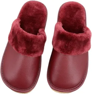 Premium Comfort Thermal Cowhide Leather Non Slip Women's Fuzzy House Slippers Indoor Soft Warm Shoes Furry Insole