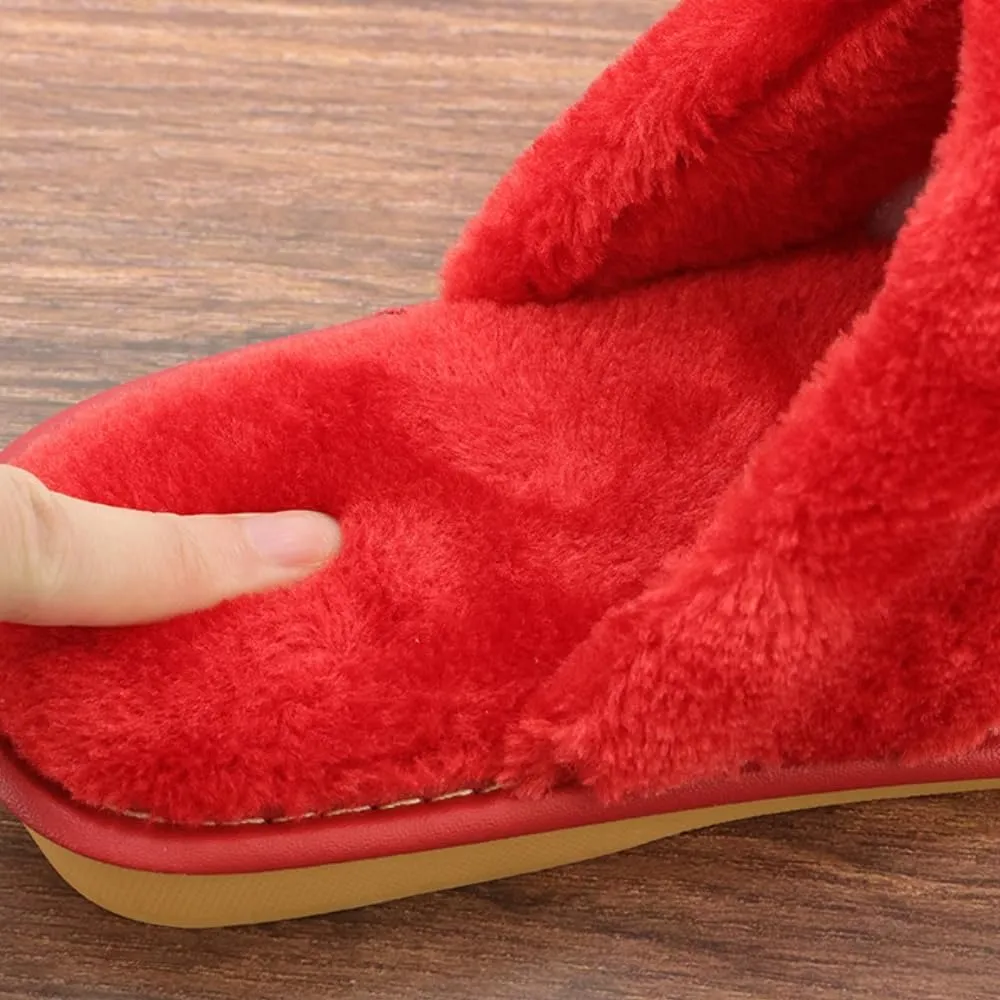 Premium Comfort Thermal Cowhide Leather Non Slip Women's Fuzzy House Slippers Indoor Soft Warm Shoes Furry Insole