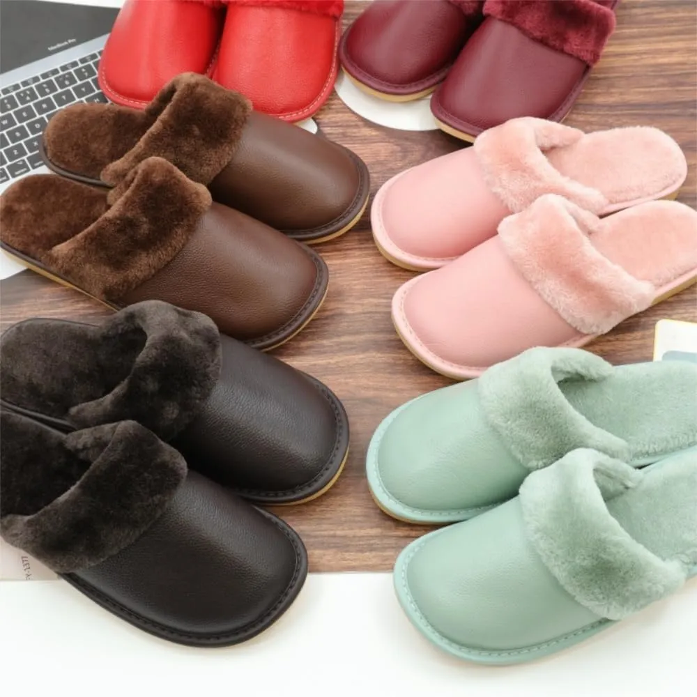 Premium Comfort Thermal Cowhide Leather Non Slip Women's Fuzzy House Slippers Indoor Soft Warm Shoes Furry Insole