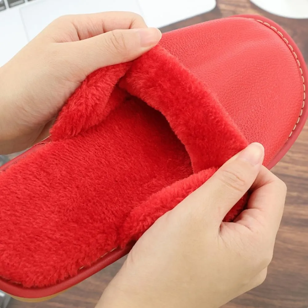 Premium Comfort Thermal Cowhide Leather Non Slip Women's Fuzzy House Slippers Indoor Soft Warm Shoes Furry Insole