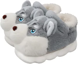 Premium Comfort Thermal Cute Seberian Husky Dog Non Slip Women's Fuzzy House Slippers Indoor Soft Warm Furry Shoes