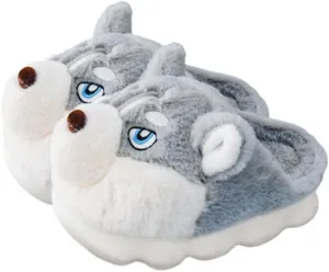 Premium Comfort Thermal Cute Seberian Husky Dog Non Slip Women's Fuzzy House Slippers Indoor Soft Warm Furry Shoes